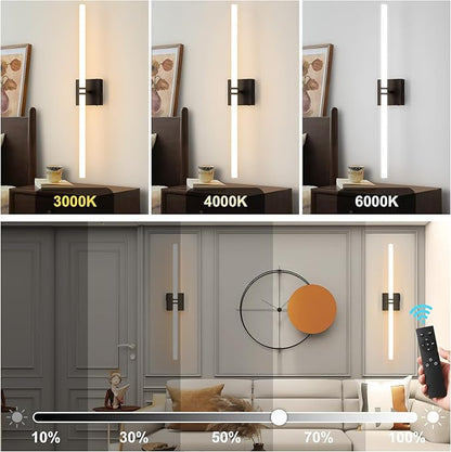 Battery Operated Wall Sconce 1Pack, Black Rechargeable Wall Lights with Dimmable Remote Control, 30 Inch 3000K-6000K LED Wireless Wall Lamps for Bedroom, Hallway, Background Wall
