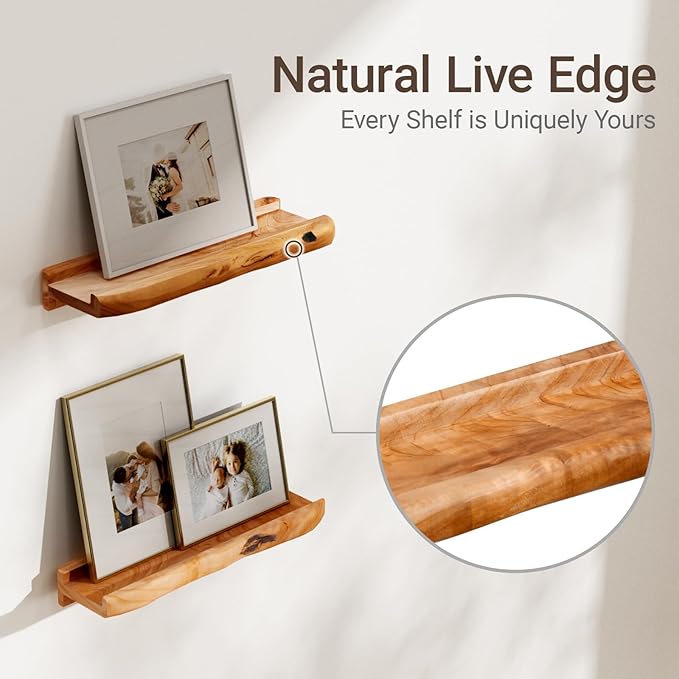 Ceder Wood Live Edge Picture Ledge Shelf Set of 2 - Handmade Natural Cedar Root, Floating Wall Shelves for Frames (16