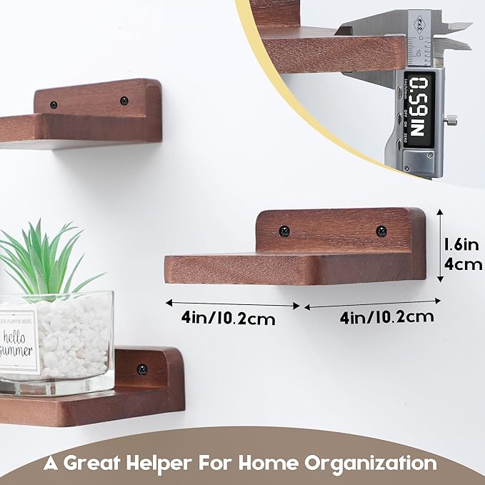 Small Floating Shelf, 4x4 Inch Display Ledges for Wall,Mini Shelves,Rustic Wood Shelf for Bedroom Living Room Bathroom Kitchen (8, Light Walnut)