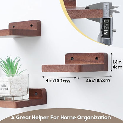 Small Floating Shelf, 4x4 Inch Display Ledges for Wall,Mini Shelves,Rustic Wood Shelf for Bedroom Living Room Bathroom Kitchen (4, Light Walnut)