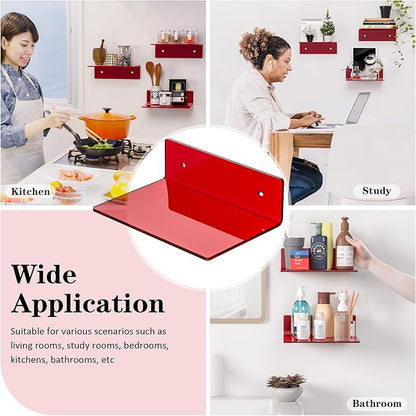 9 Inch Red Acrylic Small Wall Shelf, Home Wall Display Ledges for Storage, Room Décor, Space Saving, Items Organizer, 2 Pack