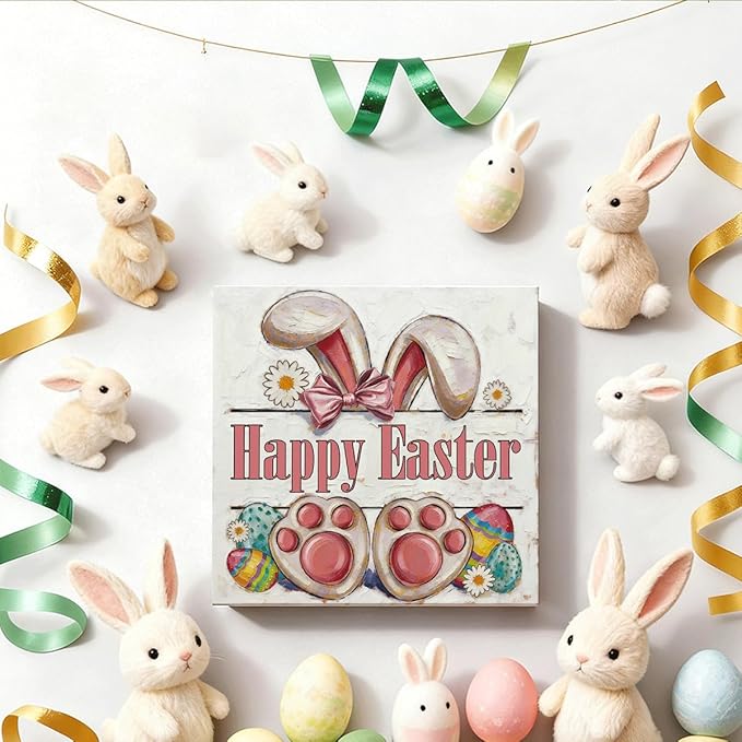 Easter Tiered Tray Decor Happy Easter Bunny Wooden Box Sign, Rustic Farmhouse Spring Desk Tabletop Decoration, Easter Shelf Plaque for Home Living Room Kitchen
