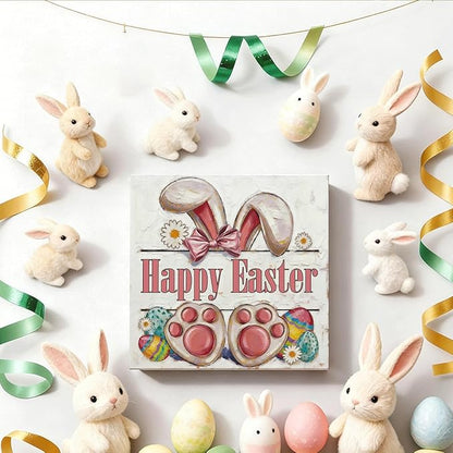 Easter Tiered Tray Decor Happy Easter Bunny Wooden Box Sign, Rustic Farmhouse Spring Desk Tabletop Decoration, Easter Shelf Plaque for Home Living Room Kitchen