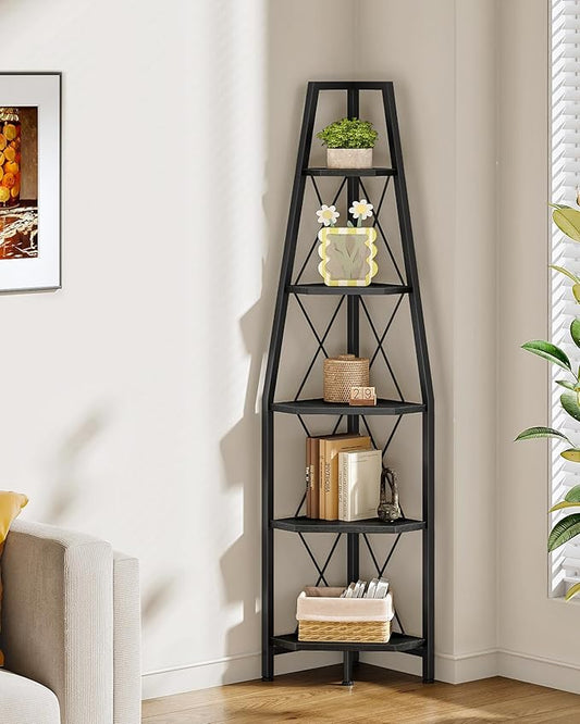 5-Tier Corner Shelf, Corner Bookshelf, Ladder Shelf, Floor Standing Storage Rack, Open Display Stand, Plant Stand, for Living Room, Bedroom, Study, Bathroom, Black TCJ22BB