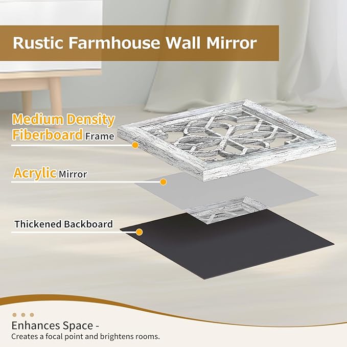 Boho Wall Mirror Decor, Set of 2 Rustic Farmhouse Accent Mirror 12x12 Inch, Square Shatterproof Vintage Style Mirrors for Wall, Small Decorative Mirrors for Living Room, Bedroom(Grey)