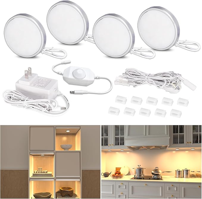 WOBANE Dimmable LED Puck Lights, Under Cabinet Lighting with Switch, Plug in Under Counter Lighting for Shelf, Closet, Cupboard, Bookcase, Display, Super Bright, 2700K Warm White, 4 Pack