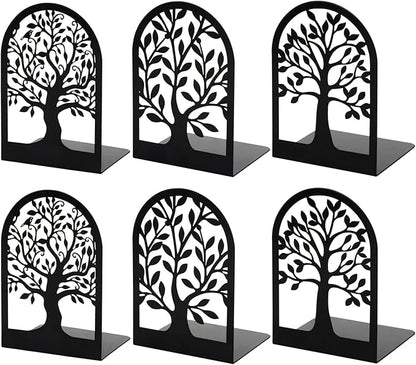 HappyHapi Book Ends, Metal Bookends for Shelves Decorative, Tree Stopper for Heavy Books, Black Ends to Hold Books for Home Office, 6.5 X 4.7 X 3.5 Inch(3 Pairs/6 Pcs, Large)