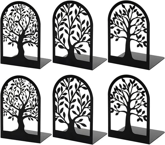 HappyHapi Book Ends, Metal Bookends for Shelves Decorative, Tree Stopper for Heavy Books, Black Ends to Hold Books for Home Office, 6.5 X 4.7 X 3.5 Inch(3 Pairs/6 Pcs, Large)