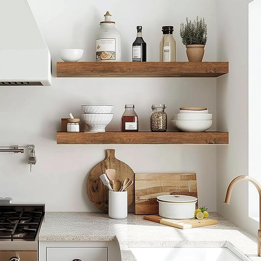 INHABIT UNION Rustic Brown Floating Shelves for Wall，24in Wall Mounted Display Ledge Shelves Perfect for Bedroom, Bathroom, Living Room and Kitchen Decoration Storage (Rustic Brown, Set of 2)
