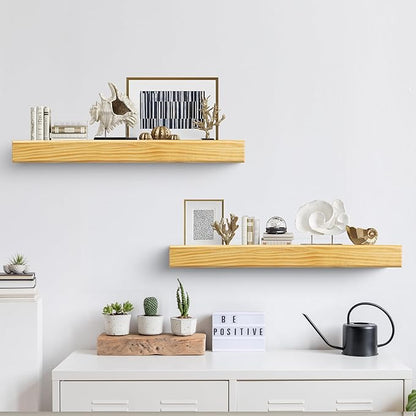 32 Inch Picture Ledge Shelf with Lip,Floating Shelves for Wall, Set of 2 Solid Pine Wood Shelves with Invisible Brackets, Wall Storage for Living Room, Bedroom, Kitchen, Bathroom(Nature Wood)