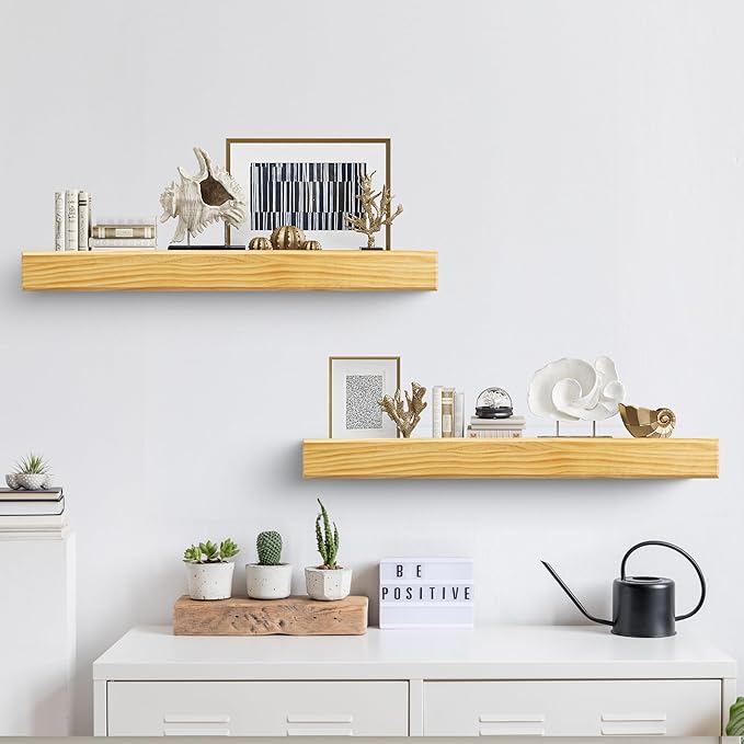 32 Inch Picture Ledge Shelf with Lip,Floating Shelves for Wall, Set of 2 Solid Pine Wood Shelves with Invisible Brackets, Wall Storage for Living Room, Bedroom, Kitchen, Bathroom(Nature Wood)