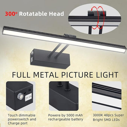 FUNCHDAY Picture Light,Battery Art Lights for Wall,Wireless Remote Painting Light with Timer and Dimmable,20”Metal Display Lighting for Artwork,Portrait,Gallery-BK