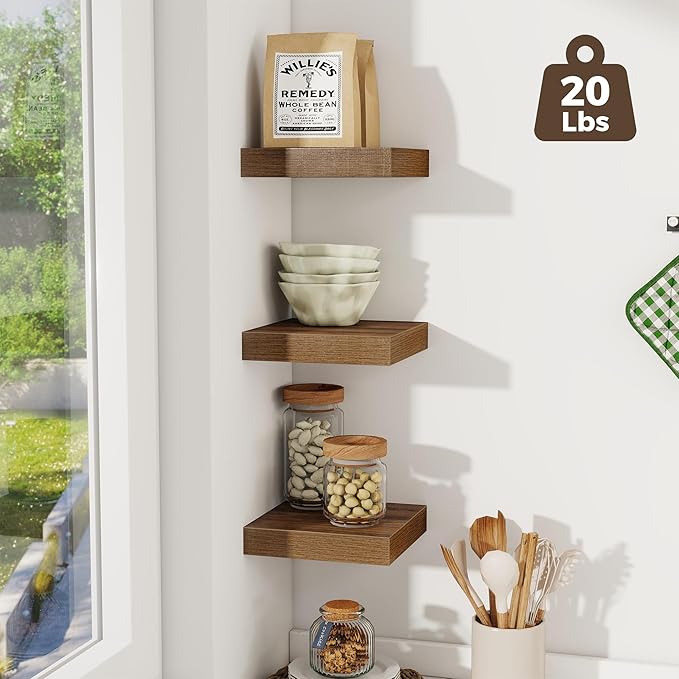 Fun Memories Small Floating Shelves for Wall - 8 Inch Square Wall Shelves with Invisible Brackets, Walnut Shelves for Bathroom, Living Room, Bedroom, and Kitchen Decor, Set of 3