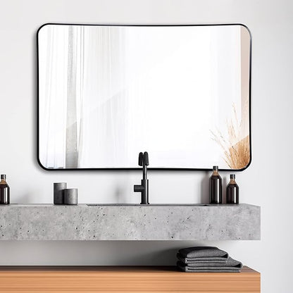 Super Deal 24x36 Inch Black Wall Mirror for Bathroom, Stainless Steel Metal Frame with Rounded Corner, Rectangular Bathroom Entryways Decor Vanity Mirrors Wall Mounted