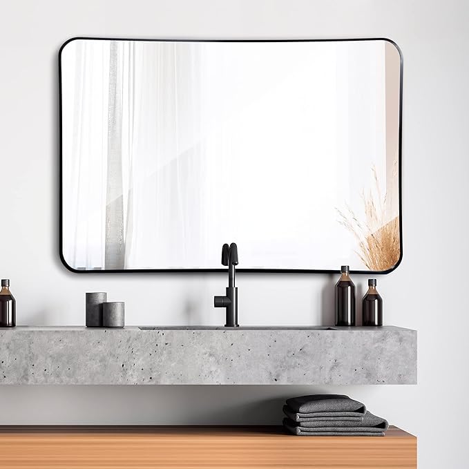 ZenStyle 2 Packs Wall Mount Mirror for Bathroom, 24 x 36 Inch Black Metal Framed Rounded Corner Rectangular Mirror with Peaked Trim for Entryways, Living Rooms, Bathrooms