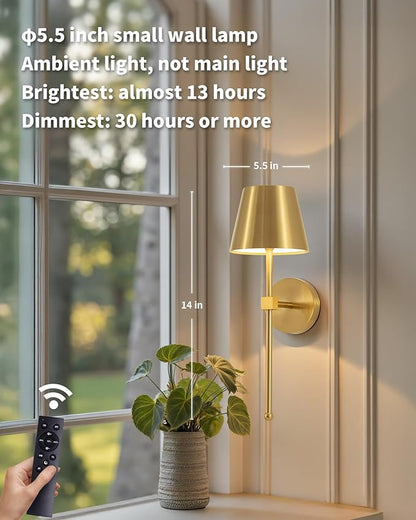 KDG Cordless Wall Sconces Set of 2, Wireless 5200mAh Rechargeable Battery LED Wall Lamps, Wall Lightings for Wall Painting, Outdoor, Garden, Living Room, Bedside, Hallway, Gifts, Night Light (Gold)