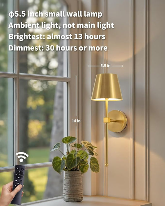 KDG Cordless Wall Sconces Set of 2, Wireless 5200mAh Rechargeable Battery LED Wall Lamps, Wall Lightings for Wall Painting, Outdoor, Garden, Living Room, Bedside, Hallway, Gifts, Night Light (Gold)