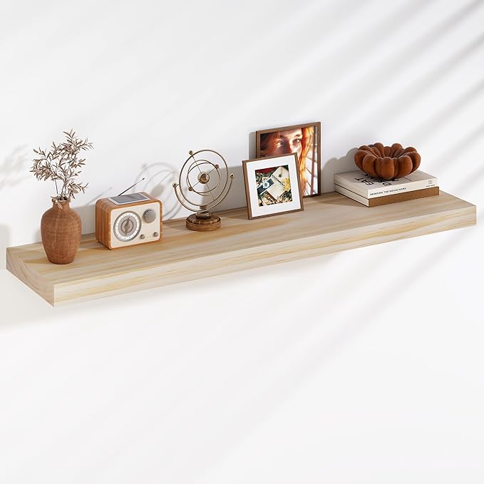 Fun Memories Floating Shelves, 9.3 Inch Deep Solid Pine Wood Wall Shelves for Storage, Wall Mounted Display Shelf with Invisible Heavy-Duty Metal Bracket, 48 Inch Width, Unfinished - DIY Stain