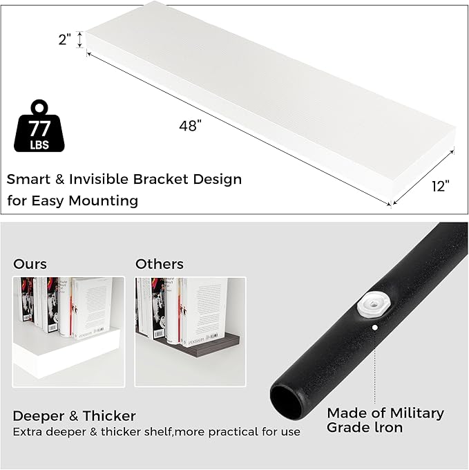 Floating Shelves for Wall, 48 Inch Wide x 12 Inch Deep Floating Shelves, Long Wood Floating Wall Shelf Shelves for Living Room Bathroom Bedroom Kitchen Home - (White, 48