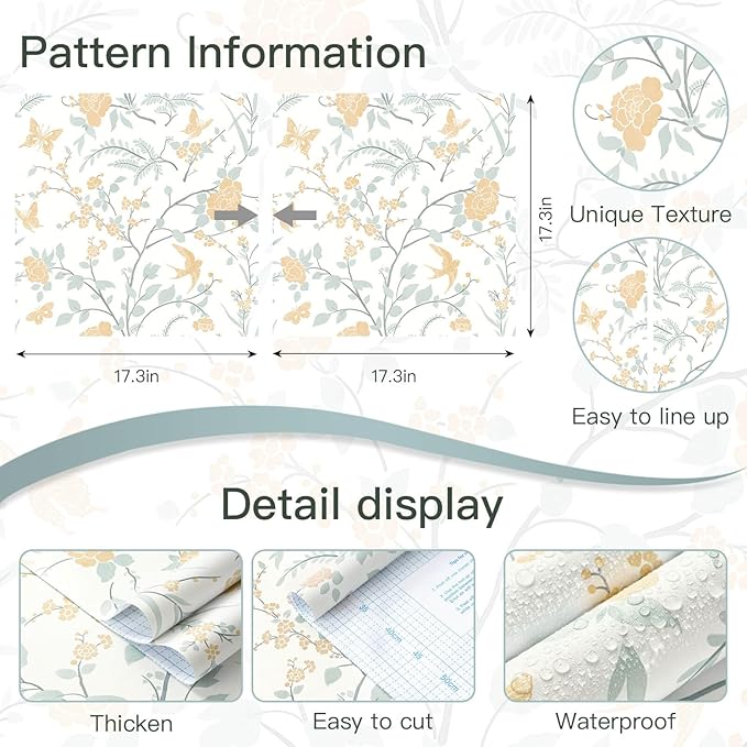 Vintage Wallpaper Floral Peel and Stick Wallpaper Boho Light Blue and Yellow Wall Paper Bird Botanical Contact Paper for Cabinets Renter Friendly Self-Adhesive Bathroom Bedroom 1.44' x 32'
