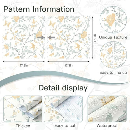 Vintage Wallpaper Floral Peel and Stick Wallpaper Boho Light Blue and Yellow Wall Paper Bird Botanical Contact Paper for Cabinets Renter Friendly Self-Adhesive Bathroom Bedroom 1.44' x 32'
