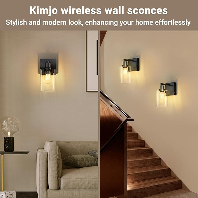 Kimjo Battery Operated Wall Sconce with Remote, USB Rechargeable Wireless Wall Light with Dimmable Bulb and Glass Shade, Wall Decor for Bedroom Bathroom Hallway