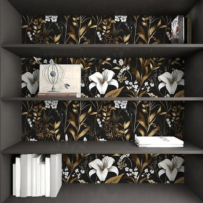 Black White Floral Wallpaper Peel and Stick, Dark Gold Vintage Contact Paper 17.5" x 393", Golden Botanical Wall Paper Self Adhesive Removable Waterproof for Bedroom Cabinet Drawer Table Decor