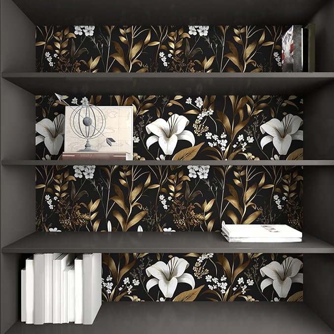 Black Gold Wallpaper Peel and Stick, Dark White Floral Vintage Contact Paper 17.5
