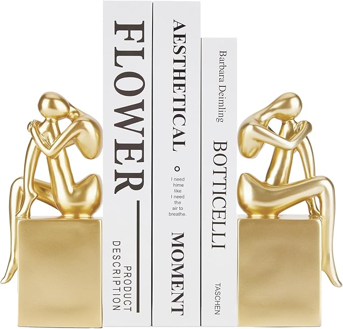 Book Ends, Gold Girl Thinker Design, Non-Skid Heavy Duty Resin Book Stopper for Books, Bookends with Base, Modern Bookends for Shelves, Resin, 1Pair/2Piece