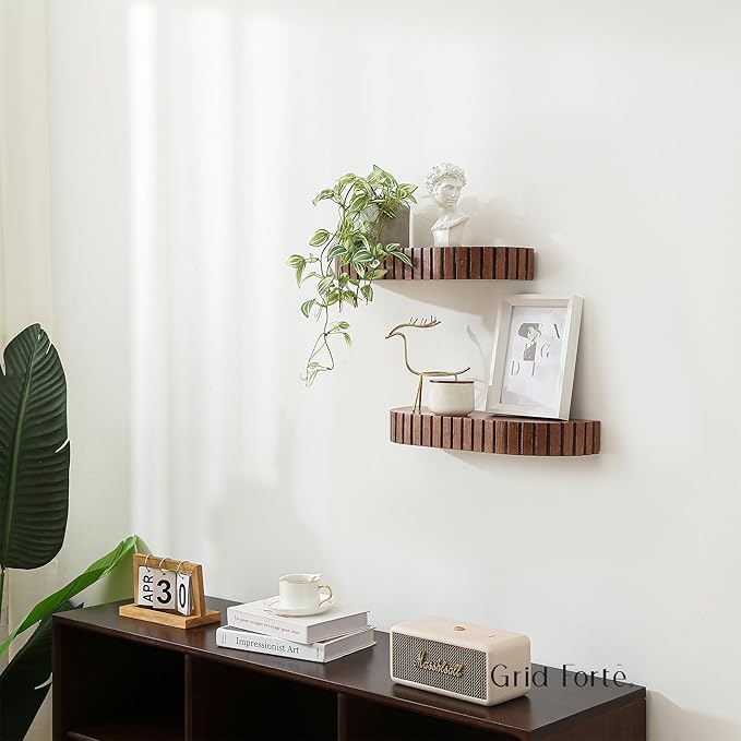 Wood Rounded Fluted Floating Shelf Set of 2, 16Wx5.5D Inch– Modern Display Shelf with Decorative Edge, Rustic Hanging Storage for Plants, Books, Photos & Home Décor