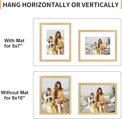 ATOBART 8x10 Picture Frame Set of 4, Displays 5x7 with Mat or 8x10 Without Mat, Photo Frames for Wall Hanging or Tabletop, Includes HD Plexiglass, Natural Wood Grain