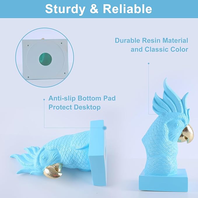 Blue Parrot Decorative Bookends,Set of 2 Cute Bird Animal Sculpture Book Ends to Hold Hevay Duty Books,Unique Resin Statues Book Stopper for Home Office Desk Bookshelf Decor