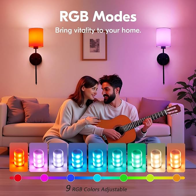 Battery Operated Wall Sconce Set of 2, Black Rechargeable Wall Lights with Remote Control and Dimmable LED Bulbs, 13 Light Colors Wireless Wall Lamps for Bedroom Living Room Hallway (Black)