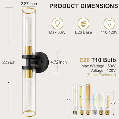 Wall Sconces Set of Two, Black and Gold Bathroom Wall Sconces with Clear Glass,Hardwired Modern Sconces Wall Decor Set of 2 Wall Light for Bathroom Mirror Bedroom Living Room Hallway Vanity