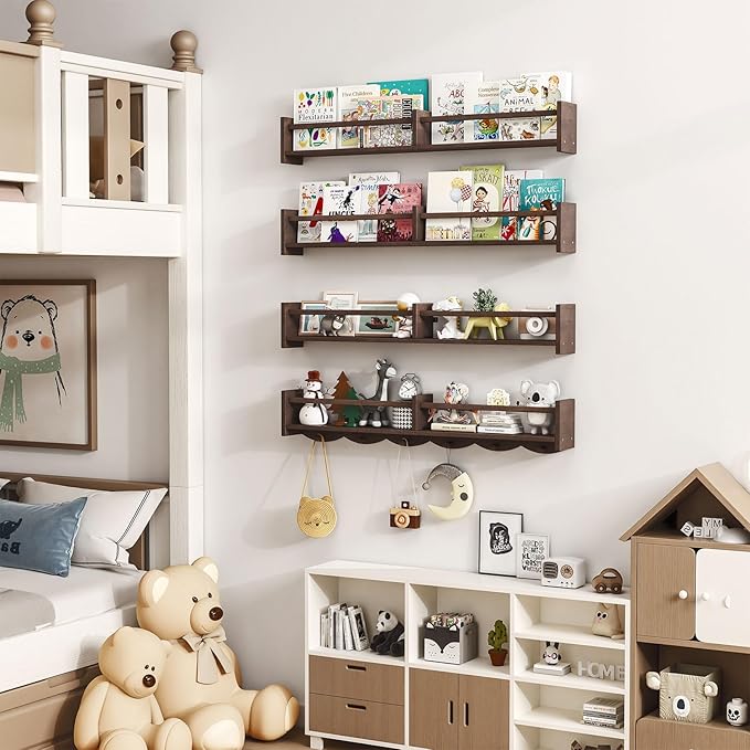 34Inch Nursery Bookshelves,Set of 4,Wall Floating Shelf Kids Coat Rack with 6Hooks,Hanging Book Shelf for Baby Nursery Room Décor (Dark Brown, 34)