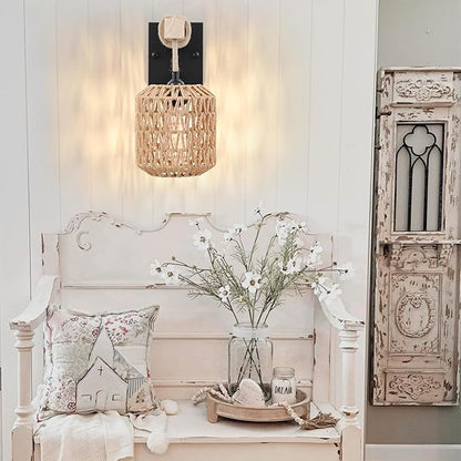 Rattan Boho Wall Sconce, Hardwired Hand-Woven Farmhouse Wall Lamps with Wooden Arm & On/Off Dimmable Switch,Large Rustic Indoor Wall Mount Light Fixtures for Bedroom Nursery Bathroom, 1 Pack