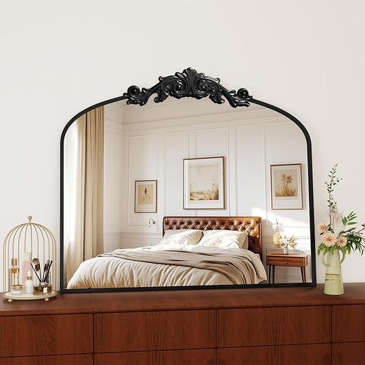 Vintage Wall Mirror, 30"x36" Arched Mirror for Vanity, Antique Decorative Mirrors with Carved Metal Frame for Bedroom, Living Room, Entryway, Fireplace, Hallway, Black