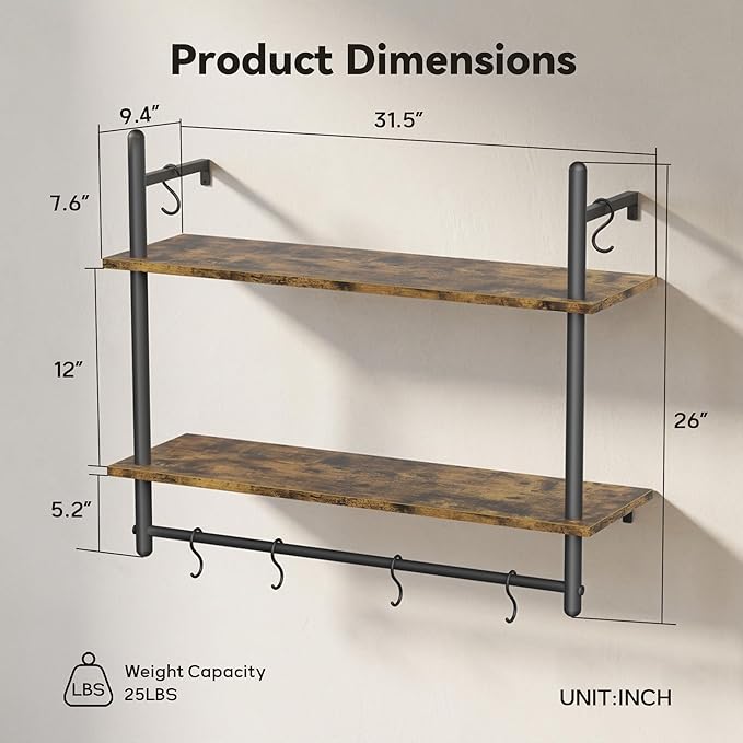 Merapi Industrial Pipe Floating Shelf with Towel Bar & Hooks - 31.5