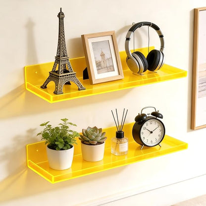 Floating Shelves for Wall Acrylic Wall Shelves for Bedroom Bathroom Living Room Kitchen 16.5X5.5'', Pack of 2, Neon Yellow