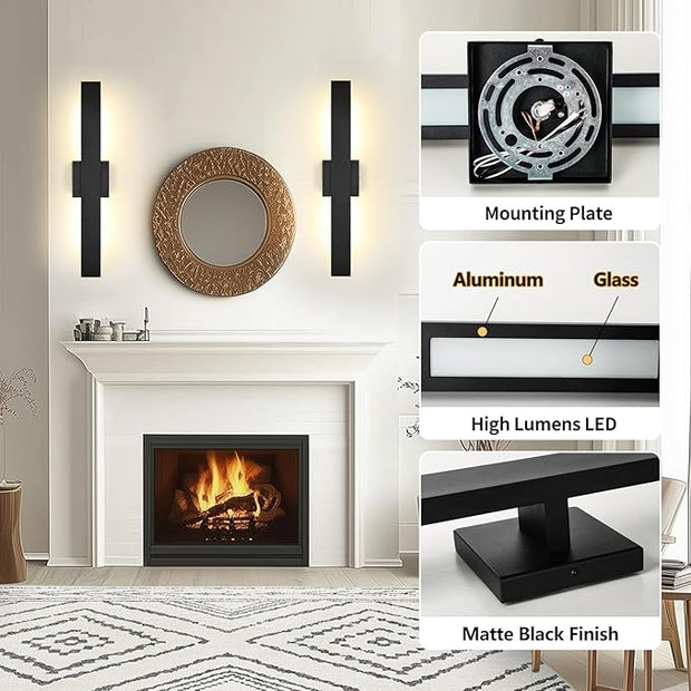 Aluminum Modern LED Wall sconces 2 Pack, 24.4 inch Matte Black Waterproof Wall Lights with 28W LED Light Source for Indoor,Outdoor,Living Room,Bedroom,Garage,Porch,Hallway
