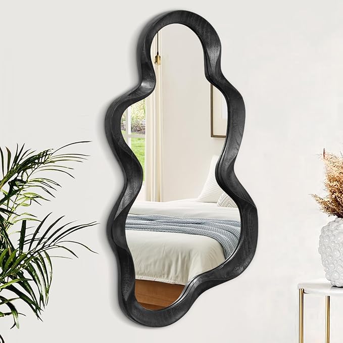 Irregular Wooden Framed Wall Mirror Modern Asymmetrical Unique Hanging Mirror Artistic Unique Cloud Shape Wall Decor Bathroom Vanity Bedroom Living Room Entryway Hallway Large