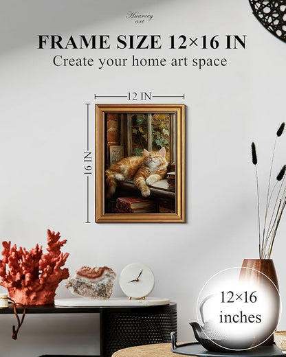 HUARCEY Gold Framed Canvas Wall Art, Book Cat Vintage Decor, Rustic Vintage Neutral Canvas Paintings Retro Table Desk Picturesfor Bathroom Bedroom Living Room, 12x16Inch