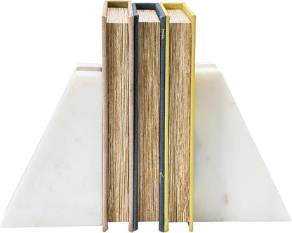 Main + Mesa Marble Geometric Bookends with Wood Inlay, White