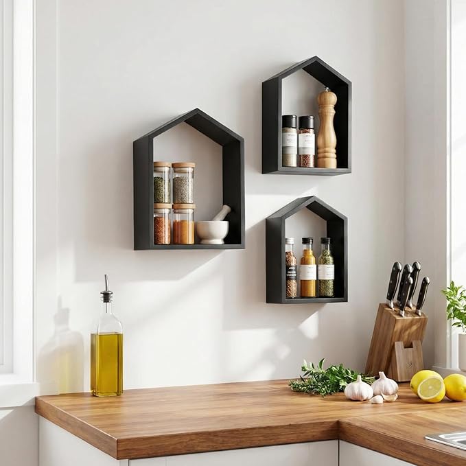 3 Set Wall Shelf 9.8 x 7.1 Inch Wooden Hanging Shelf Deep Display Storage Shelves Floating Shelves for Home Office Room Mini Figures Potted Plants Wall Decor(House,Black)