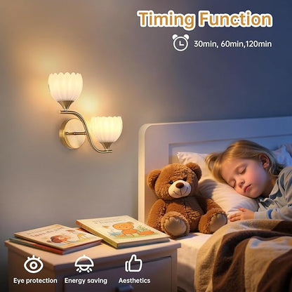 Battery Operated Wall Sconce, 2-Lights Vinatge Brass Wall Lighting with White Tluip Shade Rechargeable Bulb with Remote for Living Room, Bedroom