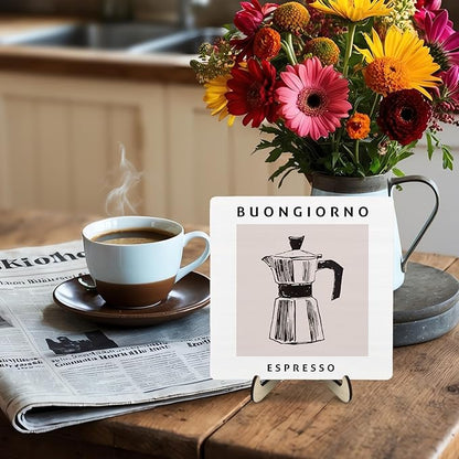 Coffee Bar Decor Sign,Wooden Vintage Plaque with CoffeePot Pattern-Buongiorno Espresso,Funny Farmhouse Decor for Coffee Station, Kitchen Café or Shelf Display(White)