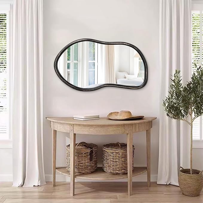 Wood Frame Asymmetrical Irregular Wall Mirror Large Bathroom Mirror for Over Sink Rustic Black Wall Mounted Mirror for Living Room Bedroom Entryway Hallway