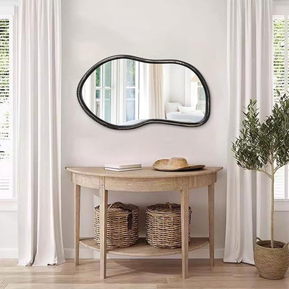 Wood Frame Asymmetrical Irregular Wall Mirror Large Bathroom Mirror for Over Sink Rustic Black Wall Mounted Mirror for Living Room Bedroom Entryway Hallway