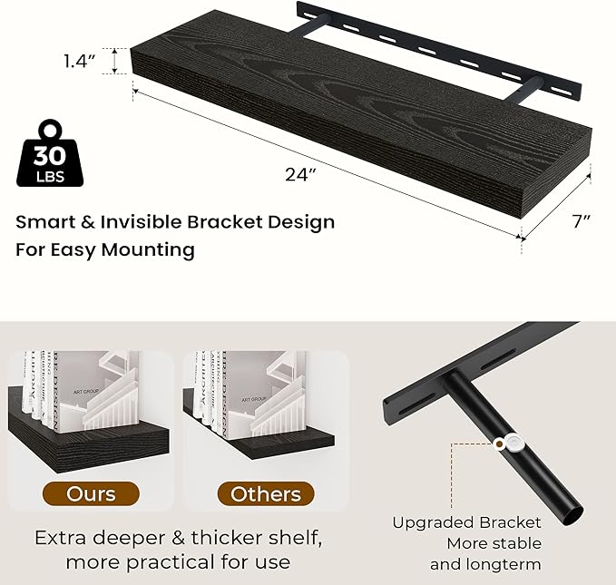 Dreamland 24 Inch Long Floating Shelves in Black,6.7 Inch Deep Floating Shelf for Wall,Large Display & Storage Shelf, Wall Shelf for Bathroom Bedroom Living Room Kitchen Office，Set of 2