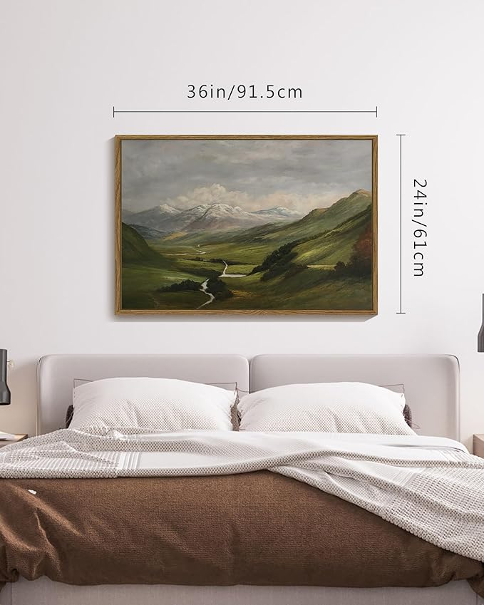 SHENIFY Landscape 24x36in Large Vintage Framed Canvas Wall Art Classical Mountain Range Valley Prints Farmhouse Bathroom Office Decor - Natural Framed